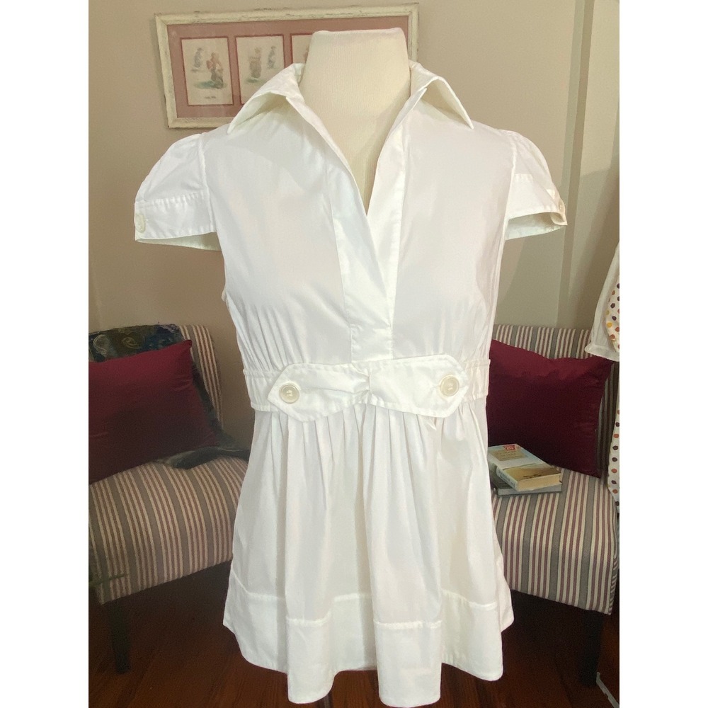 BCBGMAXAZRIA Womens White Short Sleeve Empire Waist Button Up Blouse Size S